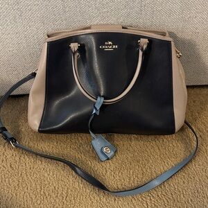 Coach Blue and Taupe Leather Satchel with Blue Accent Strap